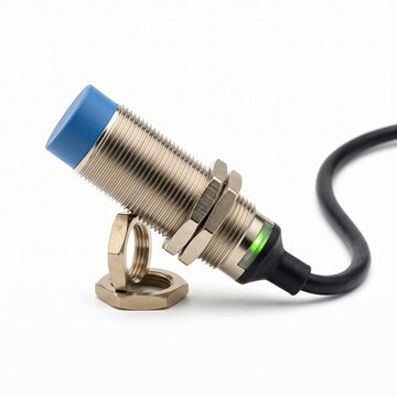 Industrial proximity sensor with blue cap and green indicator light, attached with a nut and bracket for mounting. 