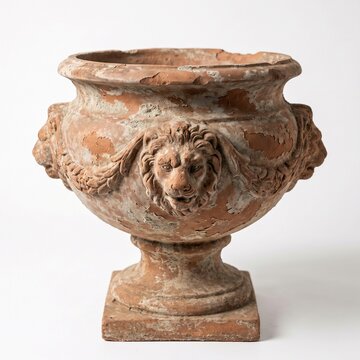 An ancient terracotta urn featuring detailed lion head carvings. 
