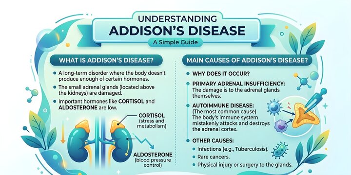 Understanding Addison&rsquo;s disease medical infographic explaining adrenal hormone deficiency, cortisol and aldosterone roles, main causes, autoimmune disease, symptoms, diagnosis, and patient-friendly en