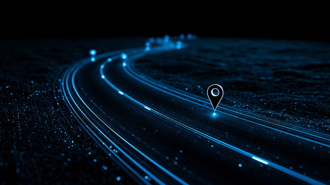 Abstract glowing blue digital road with a location pin in the dark. Perfect for navigation and connectivity concepts.