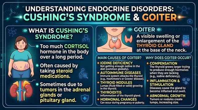 Endocrine disorders infographic explaining Cushing syndrome and goiter with adrenal cortisol imbalance, thyroid enlargement, common causes, key symptoms, and patient-friendly medical education for awa