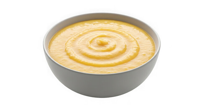 Creamy pumpkin soup swirl in ceramic bowl. Golden autumn bisque with spiral garnish for gourmet presentation.