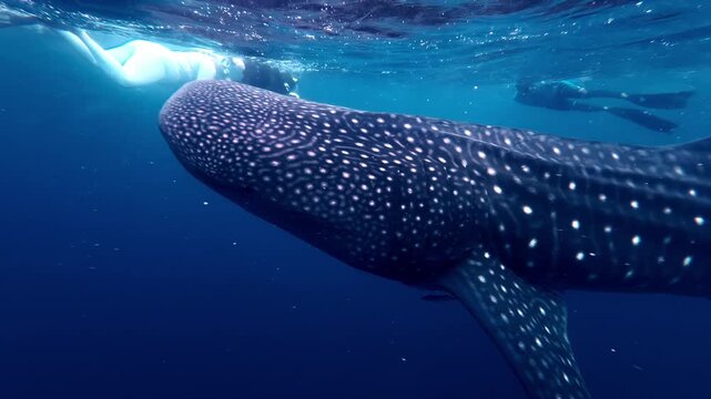 View of a whale shark swimming in the deep blue ocean with a snorkeler nearby in the clear waters of the Philippines.