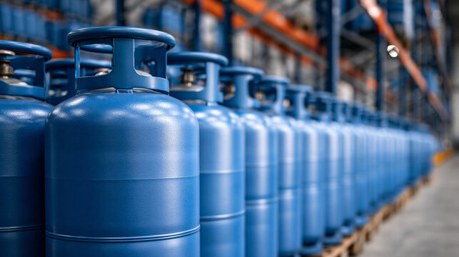 Rows of blue gas cylinders stored in an industrial warehouse. Ideal for energy supply concepts.