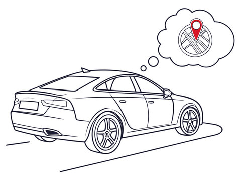 Line art illustration of a car with a navigation map thought bubble