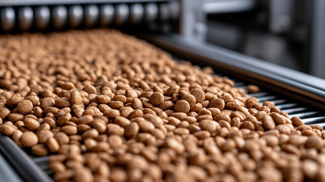 Dry pet food pellets moving along an industrial conveyor belt. Manufacturing concept for pet care industry.