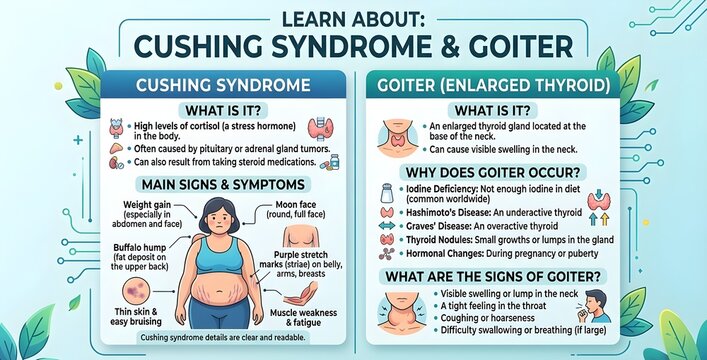  Simple medical guide comparing Cushing syndrome and goiter with main causes, symptoms, thyroid enlargement, high cortisol effects, endocrine imbalance, and clear patient education design for awarenes
