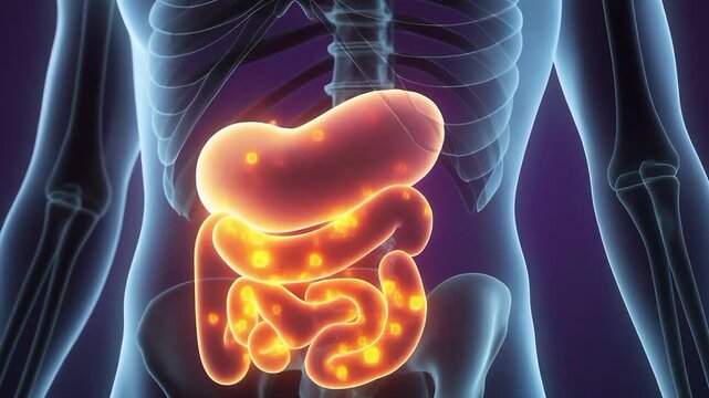 Medical animation of glucose absorption in the digestive system. 4K Video