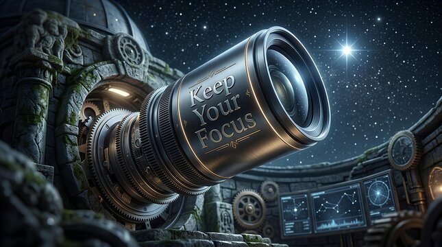 Camera lens with text Keep Your Focus in an ancient stone observatory
