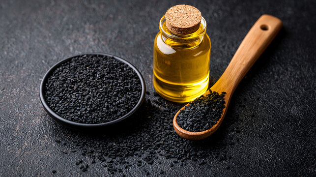 Black cumin seeds in a bowl and wooden spoon next to a bottle of oil on a dark surface. Perfect for natural health and.