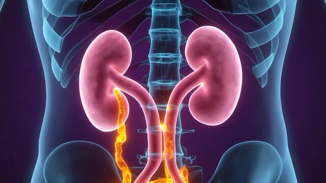 Human kidneys filtering excess sugar in medical animation. 4K Video
