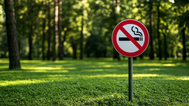 No smoking sign standing on a green park lawn outdoors. Environmental health and safety concept.