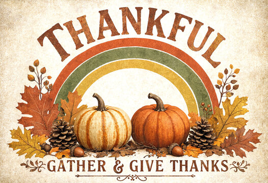 Beautiful thankful autumn illustration with pumpkins leaves and pinecones for thanksgiving celebration