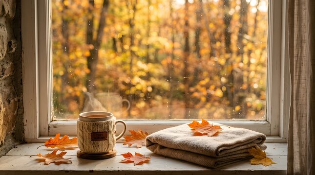 A steaming mug of coffee and a stack of cozy sweaters on a windowsill during autumn