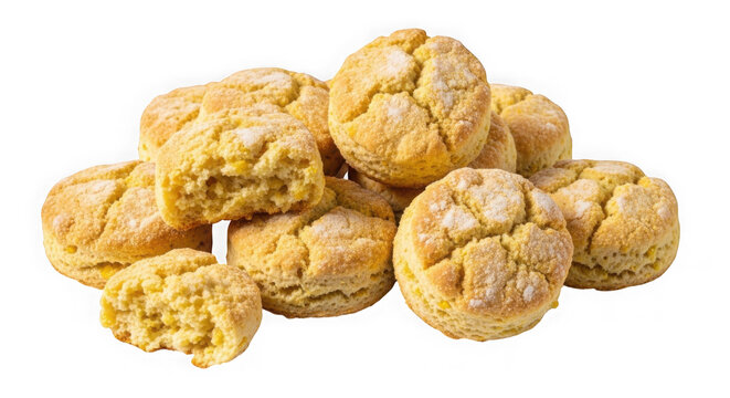 Freshly baked golden brown cookies stacked in a pile. Homemade crunchy biscuits with crispy edges and soft centers for snacking.