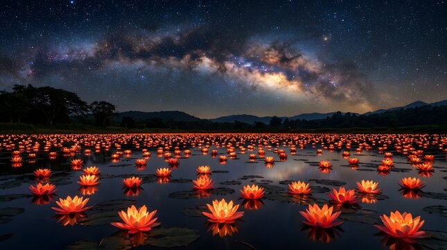 Many glowing lotus flower lanterns floating on a dark lake under a bright starry milky way galaxy sky