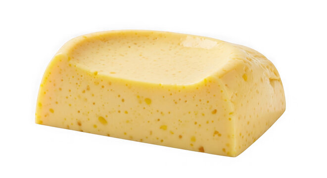 Slice of creamy yellow cheese on white background. Isolated dairy food product cutout for packaging and advertising design.