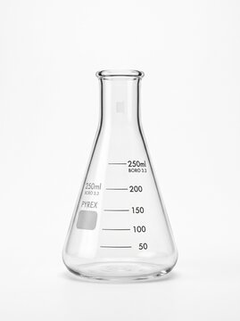 Clear glass 250ml conical laboratory flask isolated on white background