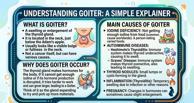 Understanding goiter simple explainer infographic with enlarged thyroid definition, causes, symptoms, iodine deficiency, hormone imbalance, diagnosis clues, and patient-friendly medical education layo
