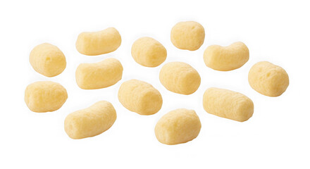 Fototapeta premium Golden vitamin capsules scattered on white background. Dietary supplement pills for health and wellness isolated cutout.