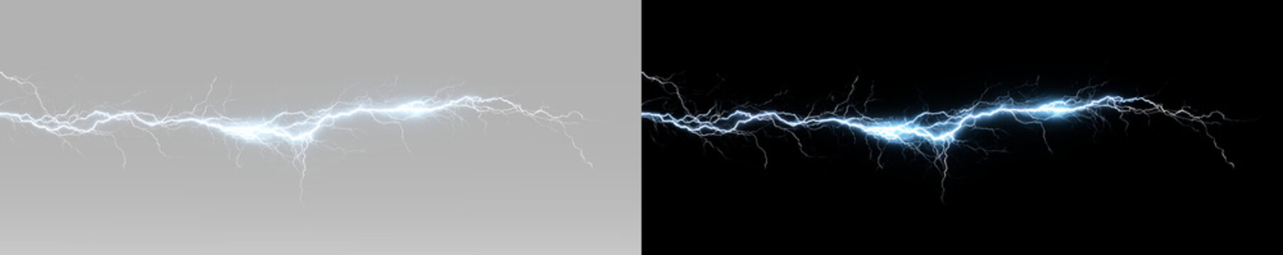 Bolt of glowing electricity with powerful branching lightning, plasma energy and bright sparks