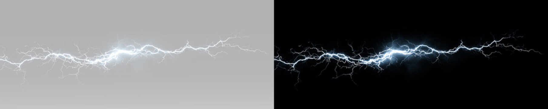 Lightning bolt with branching electric arcs, glowing plasma sparks and powerful high voltage energy discharge png