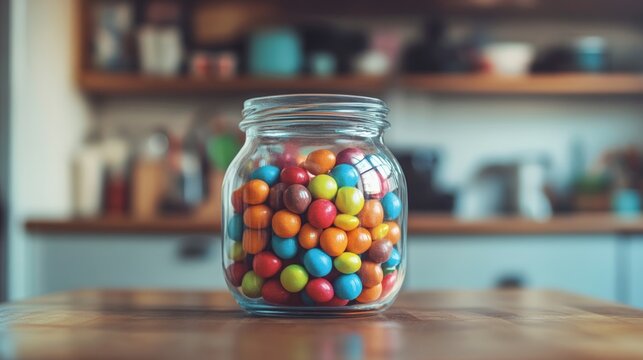 Glass jar filled with colorful round chocolate candies sitting on a rustic wooden kitchen counter with a soft blurred background creating a warm inviting atmosphere