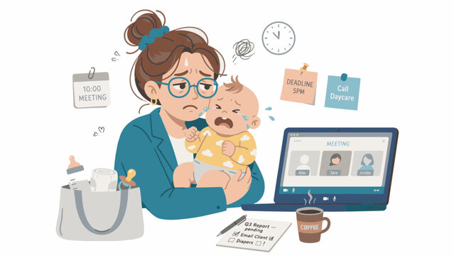 Stressed working mother struggling to balance professional video conference calls and infant child care during a busy day with tight deadlines