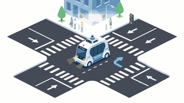 Isometric illustration of an autonomous self driving shuttle vehicle navigating through a modern city intersection with pedestrians on a sidewalk