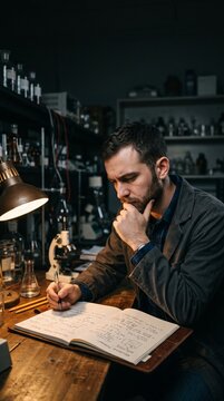 Scientist writing equations in lab notebook at desk with microscope