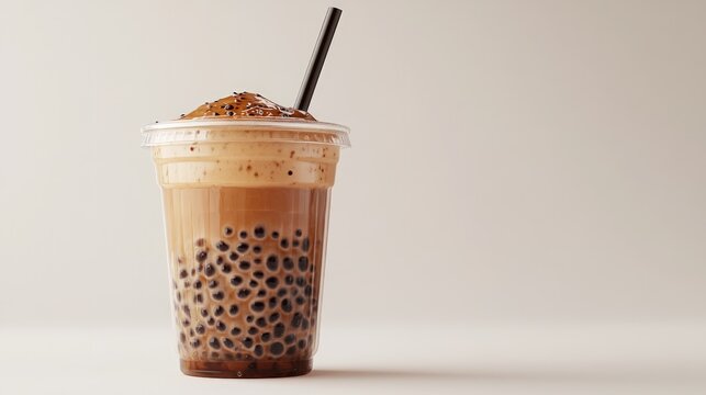 Refreshing iced milk tea with chewy tapioca pearls served in a clear plastic cup featuring a black straw against a smooth neutral studio background setting