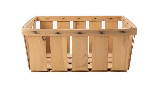 Empty wooden crate for storage and shipping. Natural reusable packaging box with slatted sides and open top design.