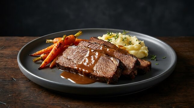 Roasted beef steak with glazed carrots and mashed potatoes on a dark plate. braised brisket
