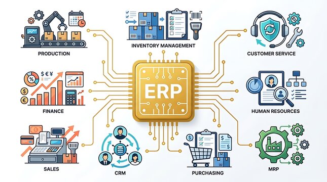 ERP system modules diagram with icons for business functions