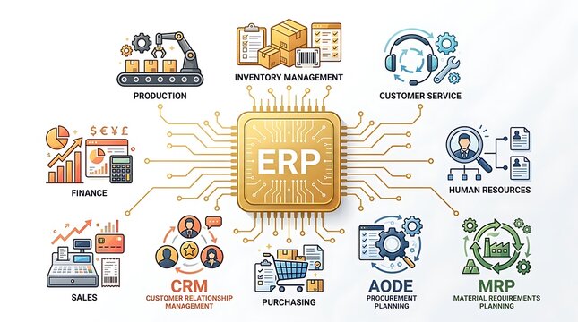 ERP system modules and business functions flat illustration