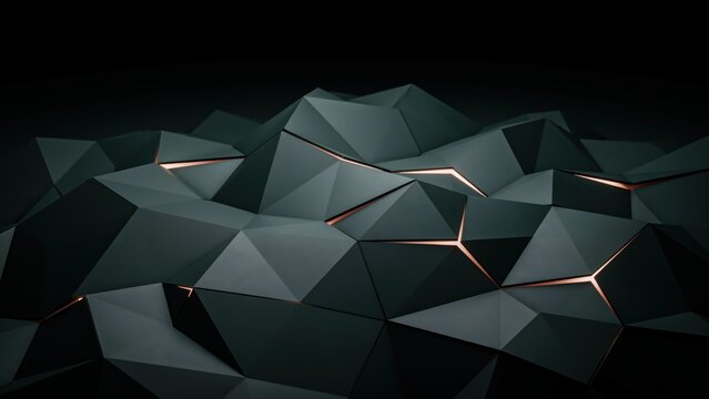 Abstract dark low poly mountain landscape with glowing orange light between geometric facets. Perfect for technology.