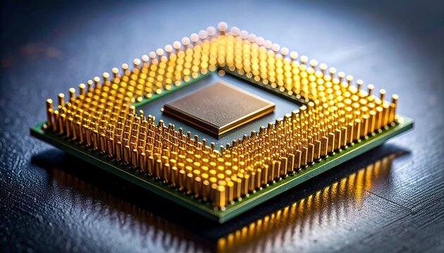 Close Up of Computer CPU Processor Microchip with Gold Pins