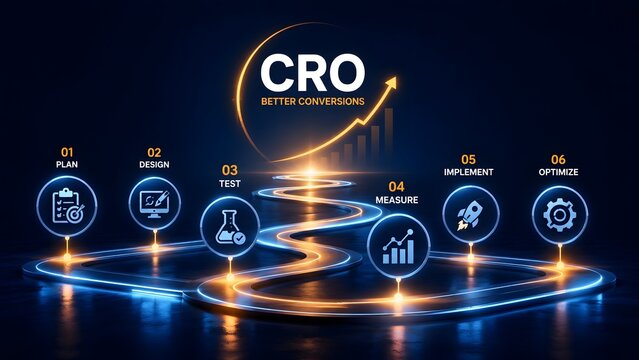 Futuristic glowing roadmap illustrating CRO Conversion Rate Optimization process steps plan design test measure implement and optimize