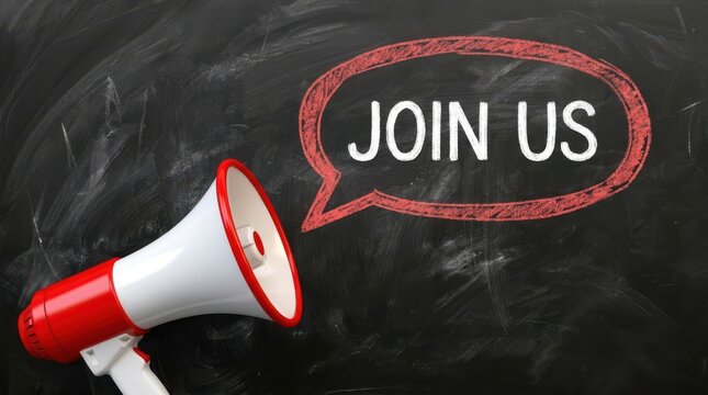 Red and white megaphone on blackboard with speech bubble saying join us, recruitment, hiring, announcement concept.