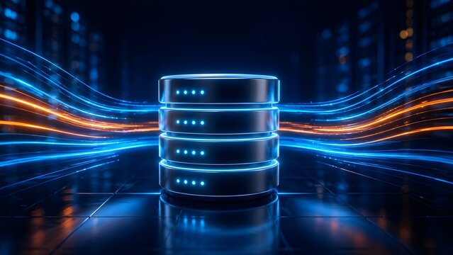 Futuristic database server storage tower with high speed blue and orange light trails representing fast data processing in a datacenter.
