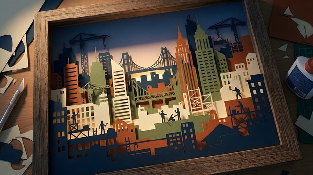 Paper cut craft diorama depicting modern city construction skyline in wooden frame