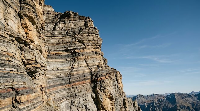 Layered rock formations on a mountain cliff side under blue sky