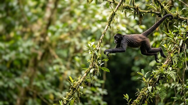 Spider monkey leaping between mossy tree branches in the rainforest