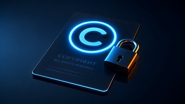 Glowing digital copyright symbol hologram with metal padlock representing intellectual property protection, digital rights management, and online content security.