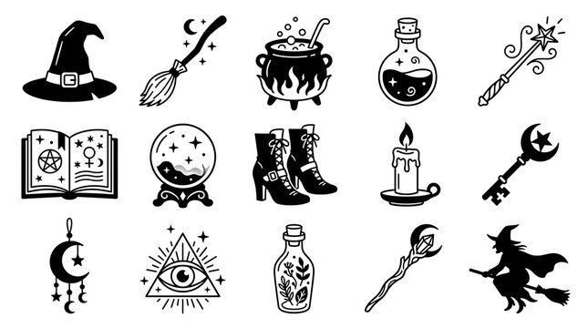 Witchcraft and magic icons set. Occult symbols for Halloween design elements.