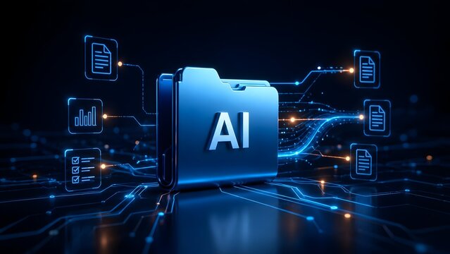 Blue artificial intelligence folder organizing and processing digital document files in a futuristic cyberspace network.