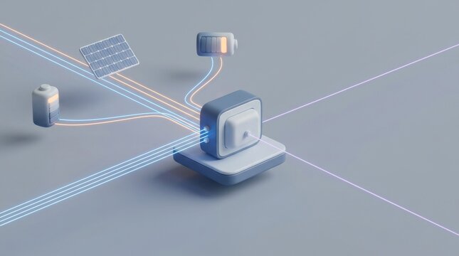 Grid Connection Bottlenecks and Renewable Energy Curtailment, A conceptual illustration of an old TV connected to a battery and solar panel via wires on a gray surface.