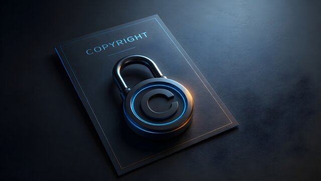 Heavy padlock with a glowing copyright symbol resting on a legal document representing intellectual property protection and secure data rights.