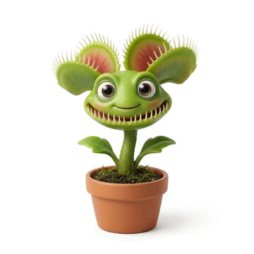 Cute Cartoon Venus Flytrap Plant Character in a Clay Pot Isolated on White Background 3D Render