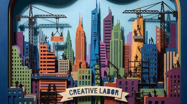 Colorful paper cutout construction site with workers building a city landscape
